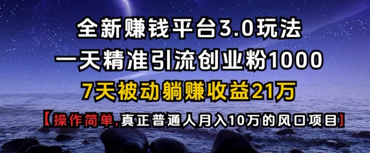 全新赚钱平台3.0玩法一天精准引流创业粉1000.7天被动躺Z收益21W【仅揭秘】-创纪