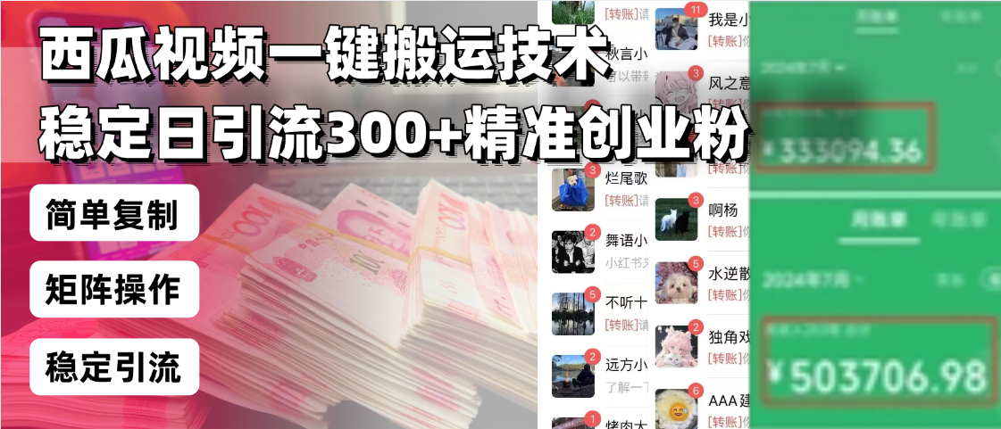 西瓜视频一键搬运技术，稳定日引流300+精准创业粉，简单可复制给团队，…-创纪