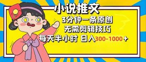 小说推文6.0，简单无脑，3分钟一个原创作品，每天半小时，日入300-1000...-创纪