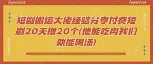 短剧搬运大佬经验分享付费短剧20天撸20个(他能吃肉我们就能喝汤)-创纪