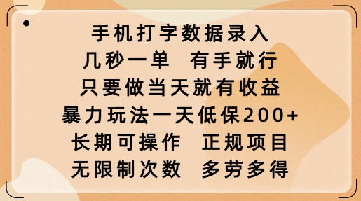 手机打字数据录入,几秒一单,有手就行,只要做当天就有收益,暴力玩法一天低保2张-创纪