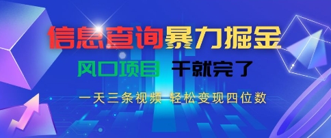 信息查询暴力掘金，一天三条视频，轻松变现四位数，风口项目干就完了【揭秘】-创纪