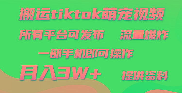 (9618期)搬运Tiktok萌宠类视频，一部手机即可。所有短视频平台均可操作，月入3W+-创纪
