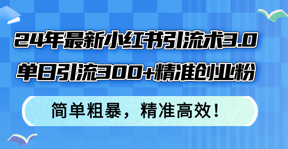 24年最新小红书引流术3.0，单日引流300+精准创业粉，简单粗暴，精准高效！-创纪