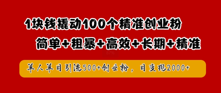 1块钱撬动100个精准创业粉，简单粗暴高效长期精准，单人单日引流500+创业粉，日变现2k【揭秘】-创纪