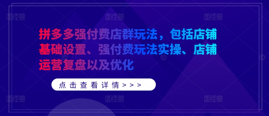 拼多多强付费店群玩法，包括店铺基础设置、强付费玩法实操、店铺运营复盘以及优化-创纪