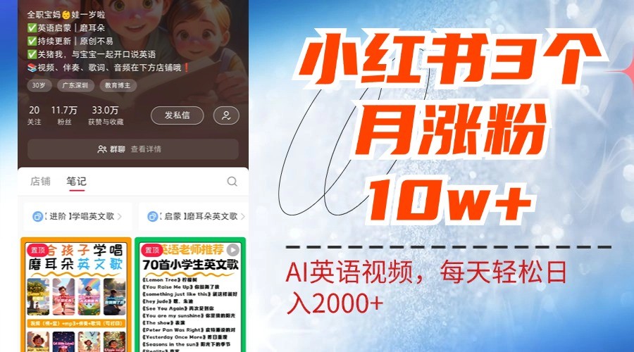 小红书三个月涨粉10W，AI英语视频0成本制作，每天轻松日入2000+-创纪