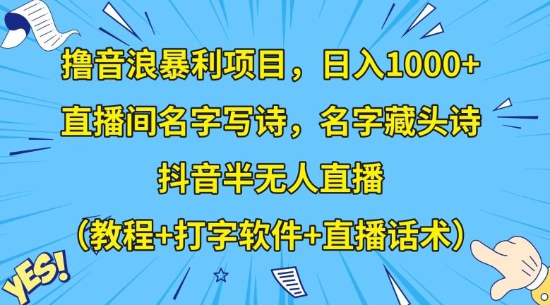 撸音浪暴利项目，日入1000+，直播间名字写诗，名字藏头诗，抖音半无人直播（教程+打字软件+直播话术）【揭秘】-创纪