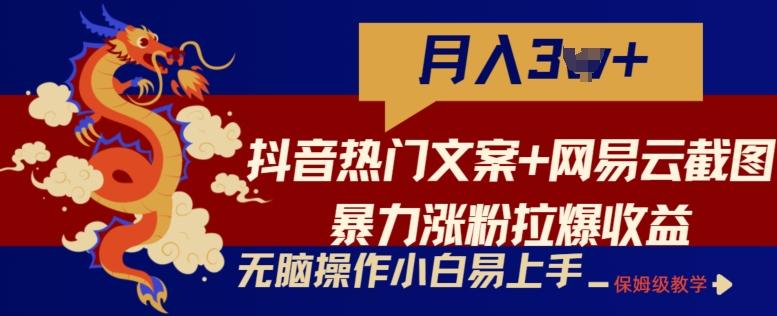 抖音热门文案+网易云截图暴力涨粉拉爆收益玩法，小白无脑操作，简单易上手【揭秘】-创纪