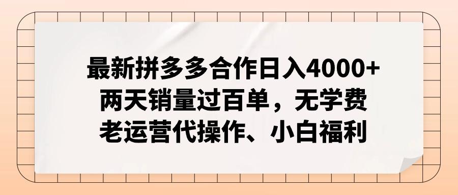 最新拼多多合作日入4000+两天销量过百单，无学费、老运营代操作、小白福利-创纪